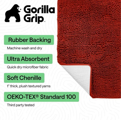 GORILLA GRIP Bath Rug Mat - Soft Absorbent Chenille | Quick Dry Microfiber, 44x26, Sunset Orange