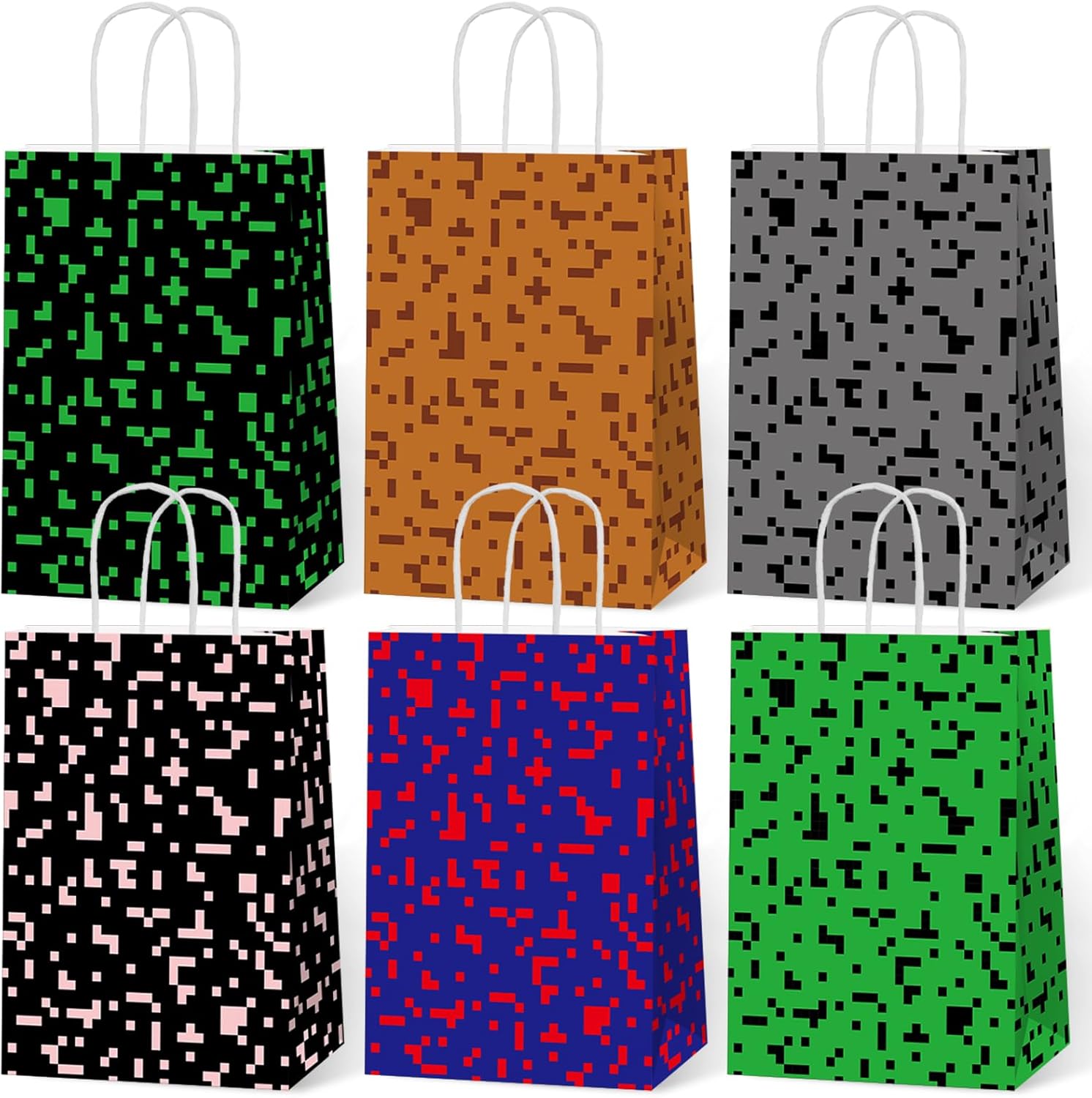 Skiennix Pixel Party Favor Bags - 12 PCS Video Game Themed Treat Bags with Handles for Kids' Birthdays