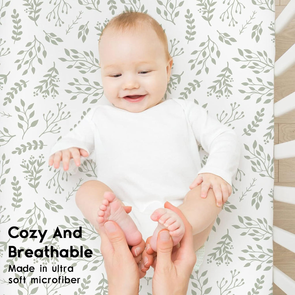 Yoofoss Fitted Baby Crib Sheets - Super Soft Microfiber 2 Pack for Standard Crib & Toddler Mattress | Green & Leaf 28x52x8in