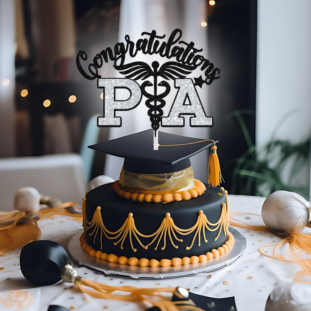 PA Cake Topper - Graduation Decorations 2025 | Congrats Nurse/Doctor, Black & Silver Glitter
