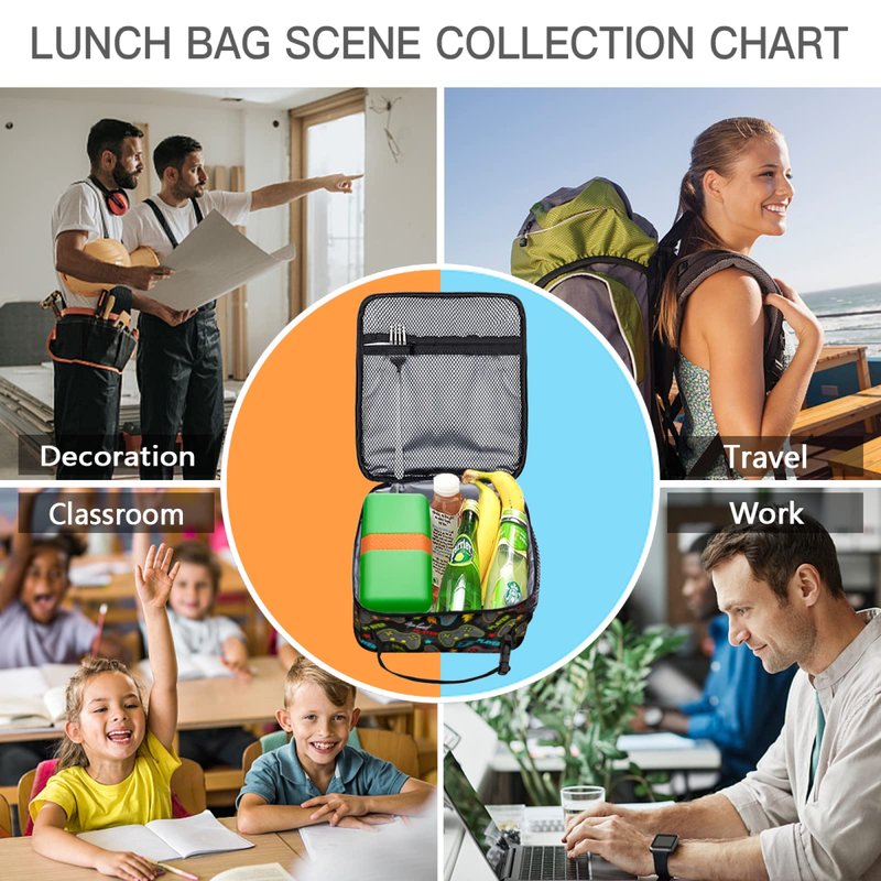 Miaoquhe Video Game Controller Insulated Lunch Bag, Gaming Gadgets Lunch Box for Boys Girls Kids, Portable Reusable Zipper Lunch Box for Men Women School Work Picnic Travel