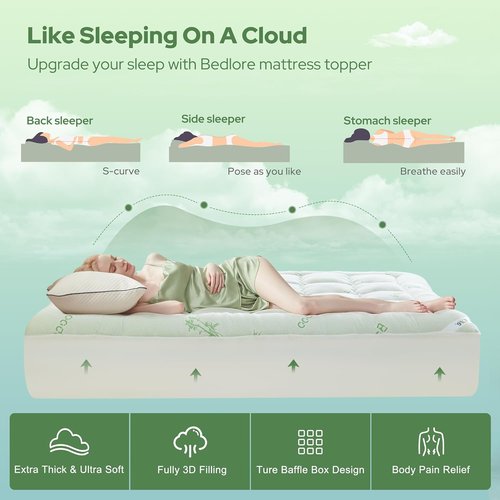 BEDLORE Twin Mattress Topper - Soft Bamboo Viscose Pillow Top for Back Pain Relief | Fits 6"-15" Mattresses