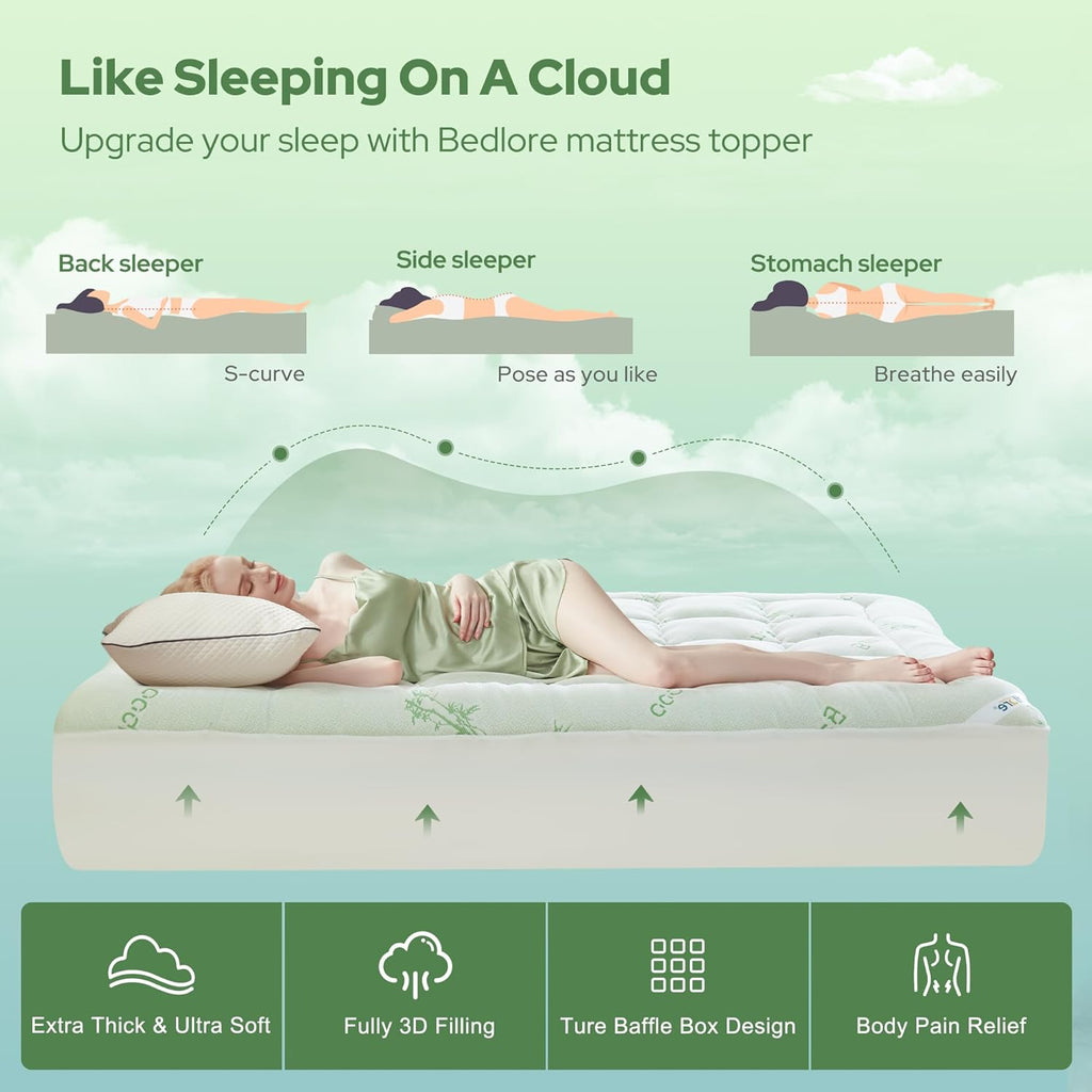 BEDLORE Twin XL Mattress Topper - Soft Viscose Bamboo Pillow Top with Deep Pockets for 6-15 Inch Mattresses