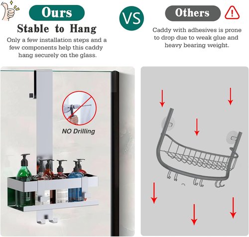 Emibele Over The Door Shower Caddy - Rustproof 304 Stainless Steel Hanging Organizer | Fits Glass Doors Up to 1.5cm, Silver, 23x10x10cm
