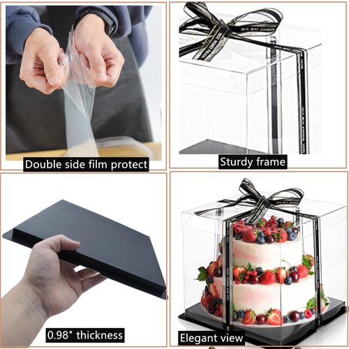 Zentriqlla 6 Pack Clear Cake Box with Ribbon, Tall Cake Carrier for 2-Layer Cake Holder, 10x10x9 inches Transparent Gift Boxes for Pastries with Lid and Black Board, Display Wedding Gift Packaging