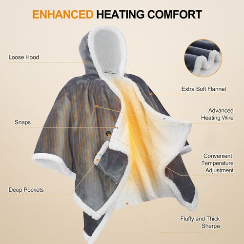 Warmrest Heated Blanket Wearable Shawl Portable Electric Wrap with Hoodie for Adult with Power Bank Flannel & Sherpa Heating Electric Throw with 3 Heat Settings Light Grey 50x60 Inch, Gifts for Mom