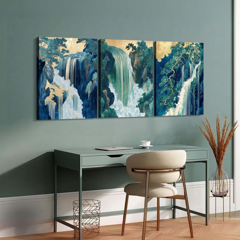 Framed Japanese Waterfall Canvas Wall Art Japanese Style Triptych Painting Nature Scenery Poster Print Oriental Gallery Style Decorative Painting Living Room Bedroom 16×24 Inch Ready to Hang