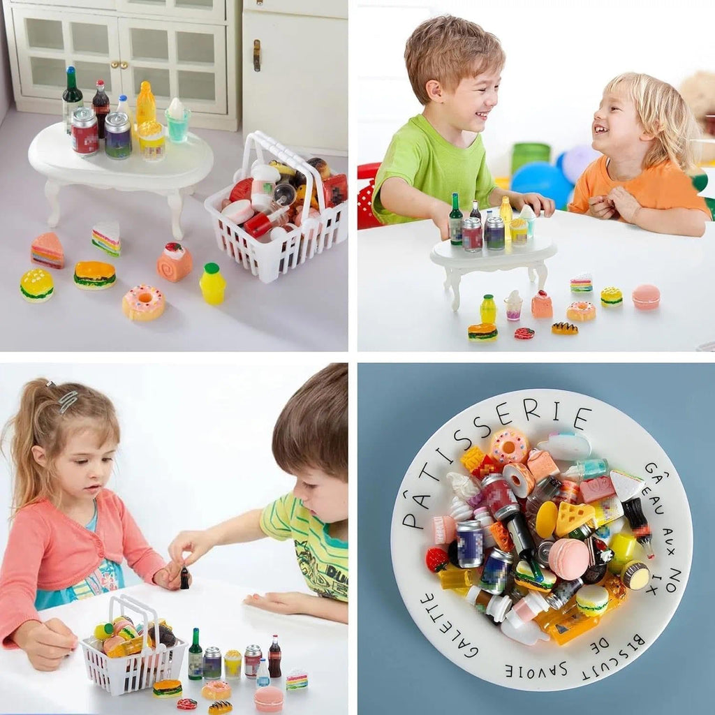 Skiennix Miniature Food & Drink Bottles - 50 Pcs for Dollhouse Play | Includes Soda Cans & Desserts