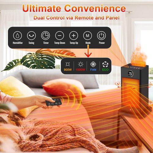 3-in-1 Space Heater,Humidifier/Sensor/ECO,Electric Heater with 90°Oscillating/Thermostat/12H Timer/Dual Control,Space Heater Indoor with 3D Flame Ambiance/Heater Heat Up 260 sq.ft(Amber Black)