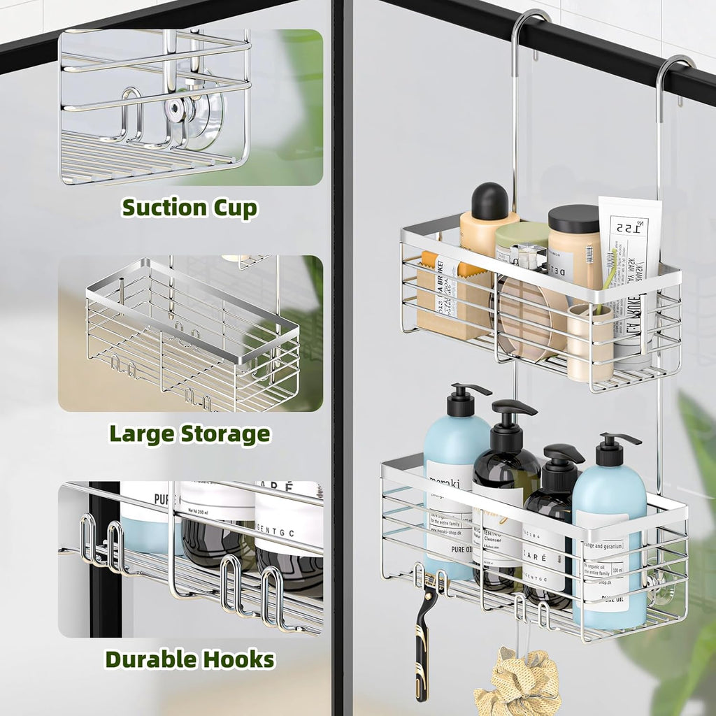 YUOROS Shower Caddy - 2-Tier Over The Door Organizer Rack | Rustproof 304 Stainless Steel, Silver