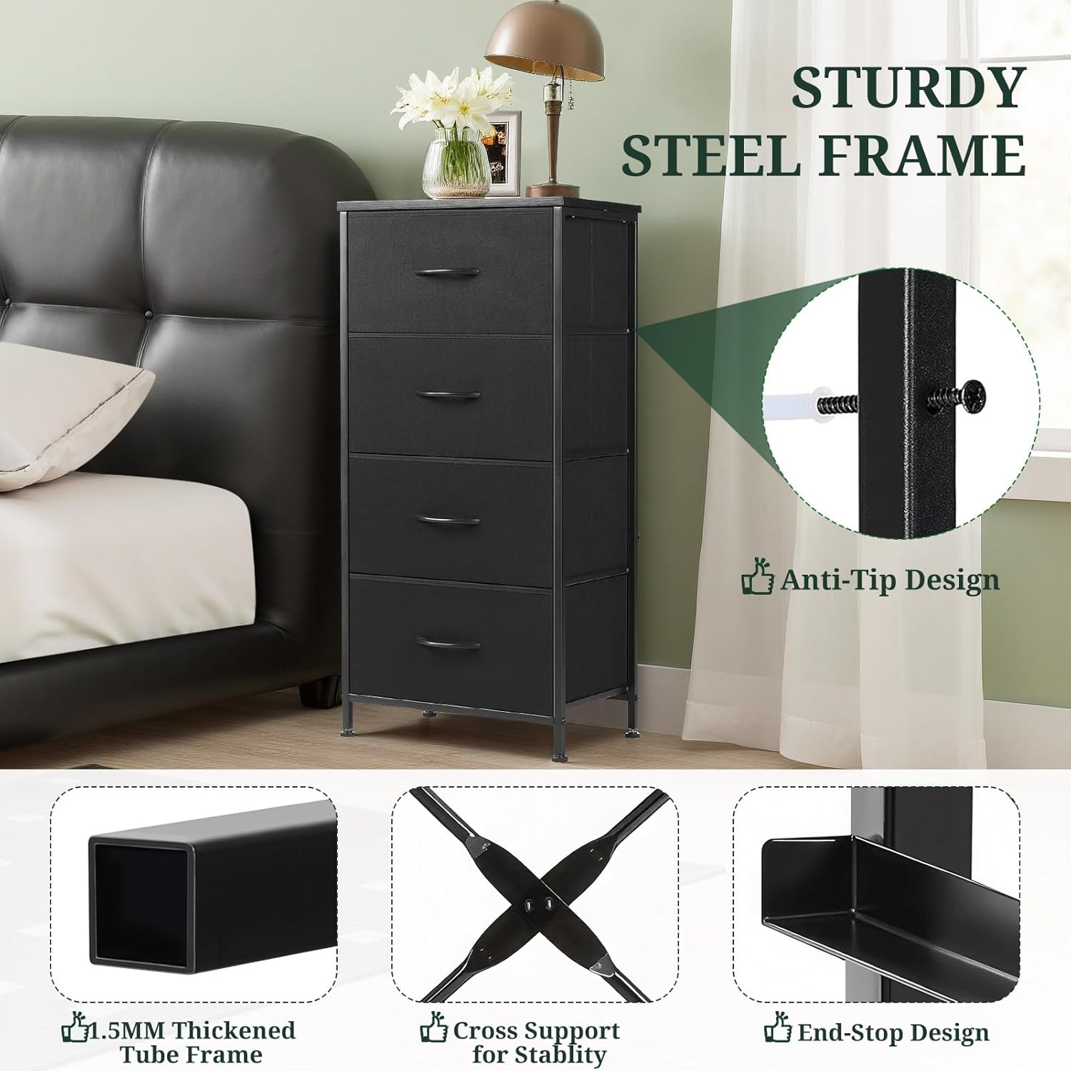 Regine Switzerland 4-Drawer Nightstand - Stylish Bedside Table with Wooden Top & Fabric Bins | Black