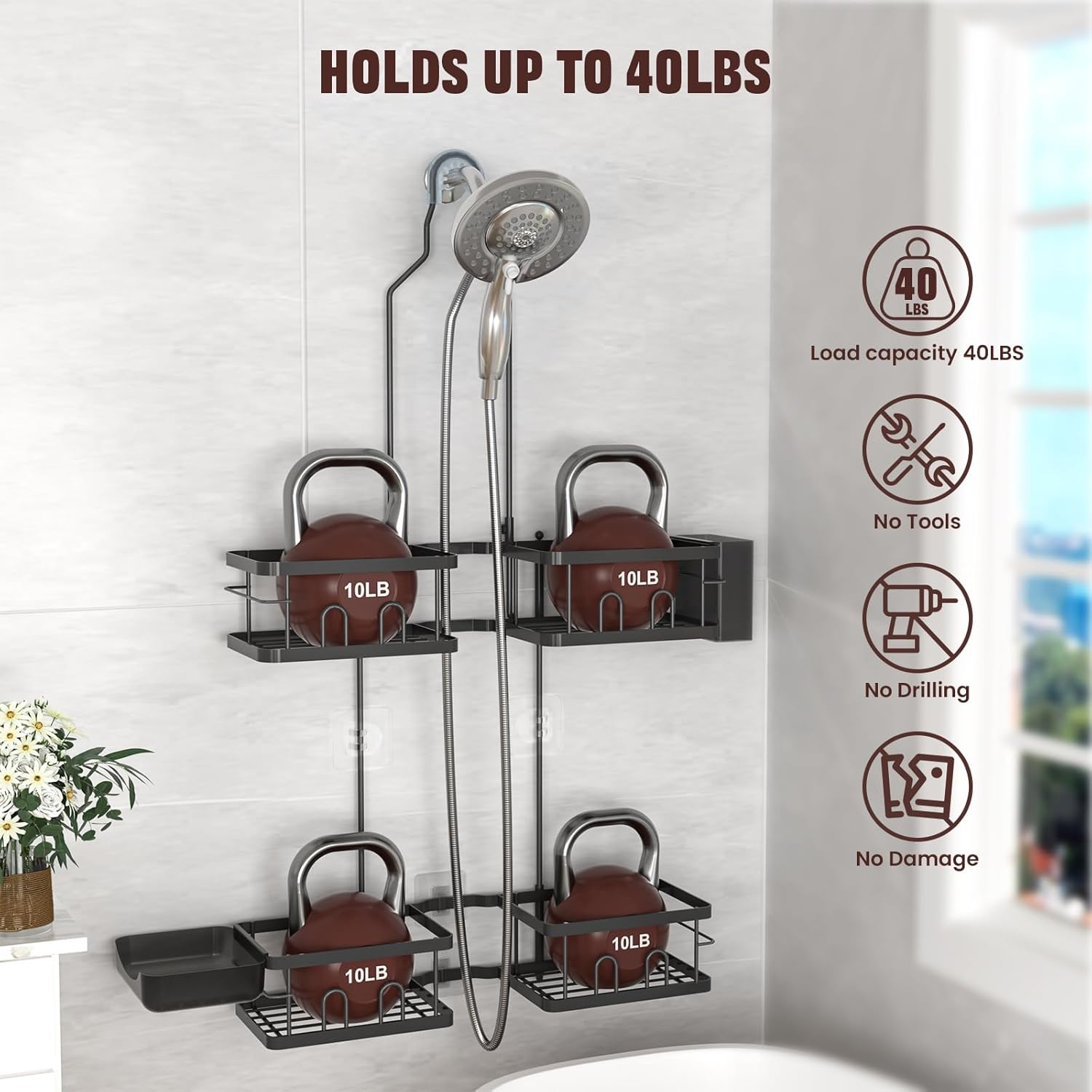 Reinhardt Adjustable Shower Caddy - Rustproof Organizer for Handheld Showerheads | Black with Hooks & Soap Holder