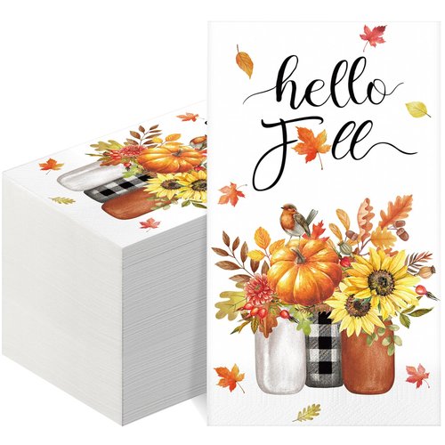 100 Pcs Fall Paper Napkins Thanksgiving Guest Napkin 3 Ply Pumpkin Paper Napkin Hello Fall Disposable Hand Towels Decorative Hand Paper Towel for Autumn Harvest Party, 13 x16 Inch