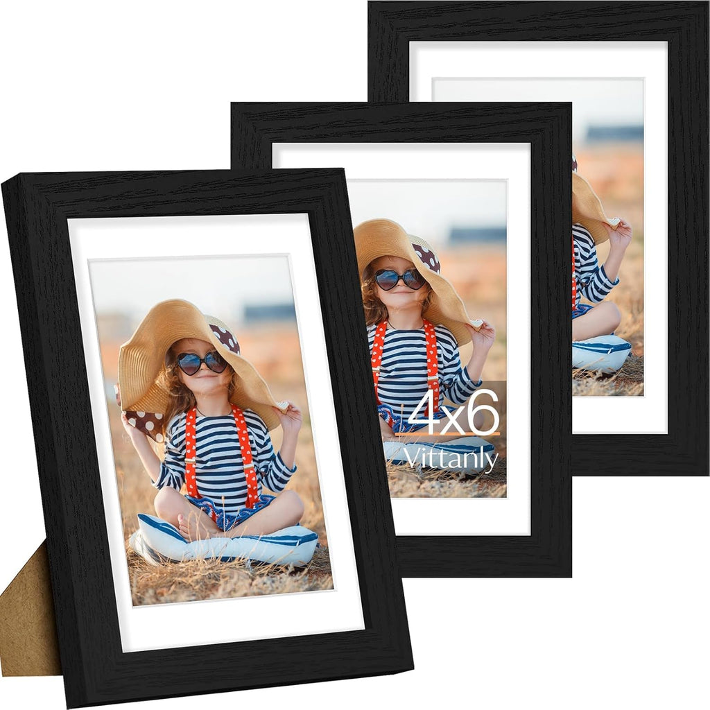 Vittanly Picture Frame Set of 3 - 4x6 & 3.5x5 Display Options | Black Engineered Wood for Wall & Tabletop