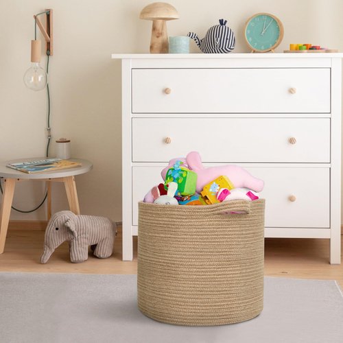 MEGASKET Large Wicker Storage Basket, 16" x 14" Jute Woven Basket with Handle, Living Room Blanket Storage, Big Wicker Laundry Basket, Kids Toy Bin Box Organizer, Decorative Round Baskets for Decor
