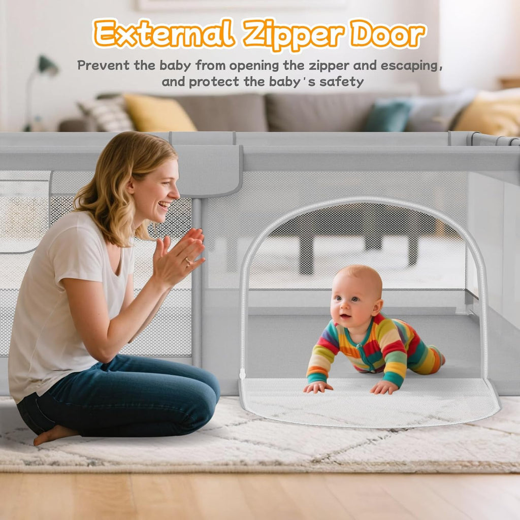 Skiennix Large Baby Playpen - Breathable Mesh Safety Playard with 2 Handles | 74"x50" Grey Activity Center for Indoor & Outdoor Use