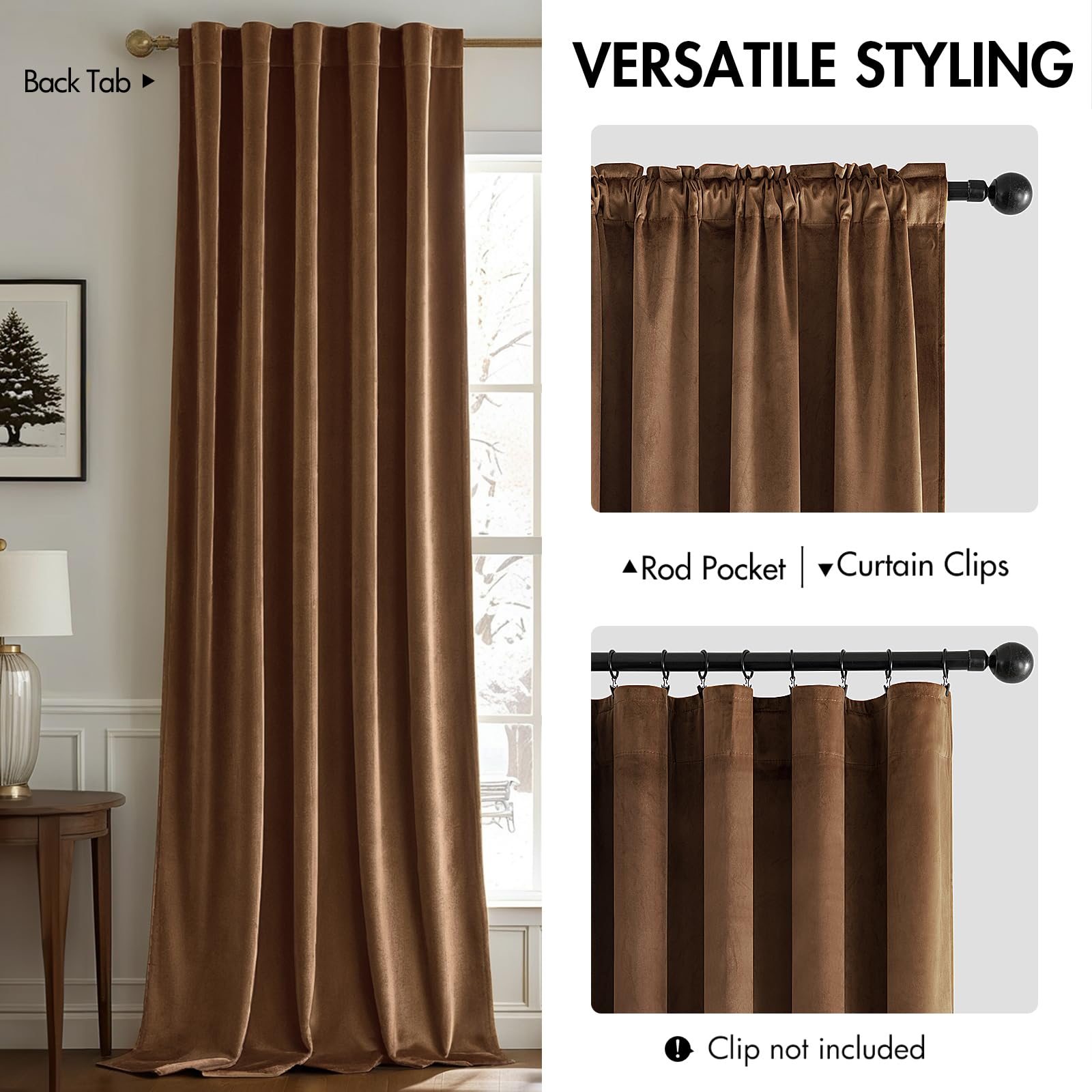 Woaboy Back Tab & Rod Pocket Velvet Curtains 96 Inches Long 2 Panels Set, Brown Classical Thermal Insulated Light Blocking Window Drapes for Bedroom Living Room Nursery Privacy, W52 x L96