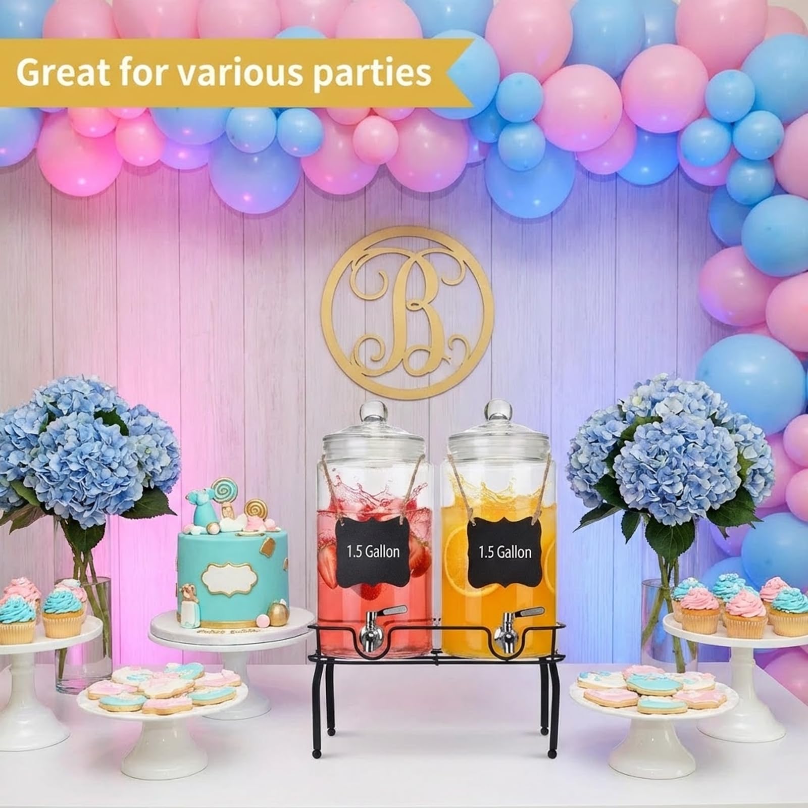 1.5 Gallon Glass Drink Dispenser Set of 2, Drink Dispensers for Parties, Beverage Dispenser with Stand and Glass Lid, 100% Leakproof Spigot, Ideal for Lemonade, Juice, Laundry Detergent