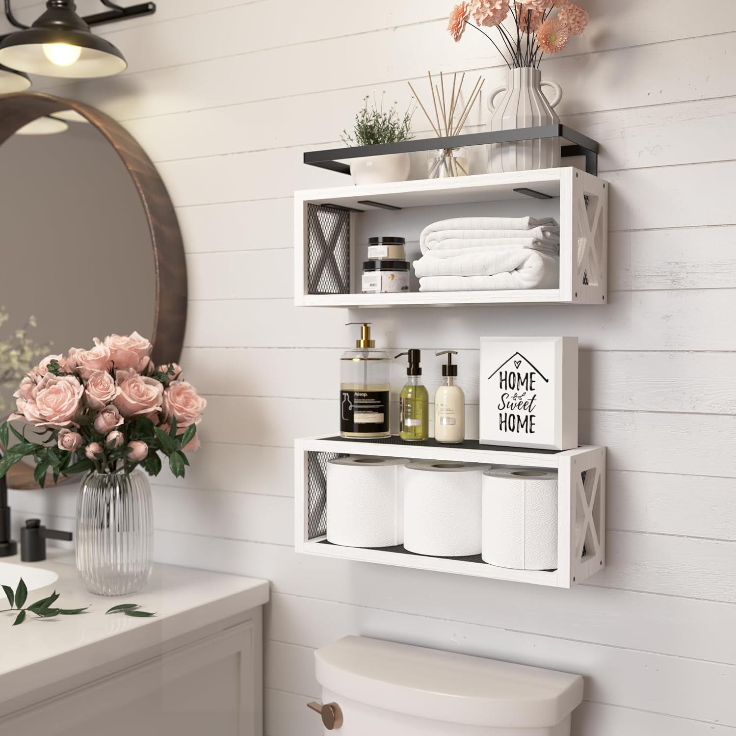 RICHER HOUSE Floating Shelves - Rustic Wall Décor with Guardrail for Bathroom & Kitchen | White