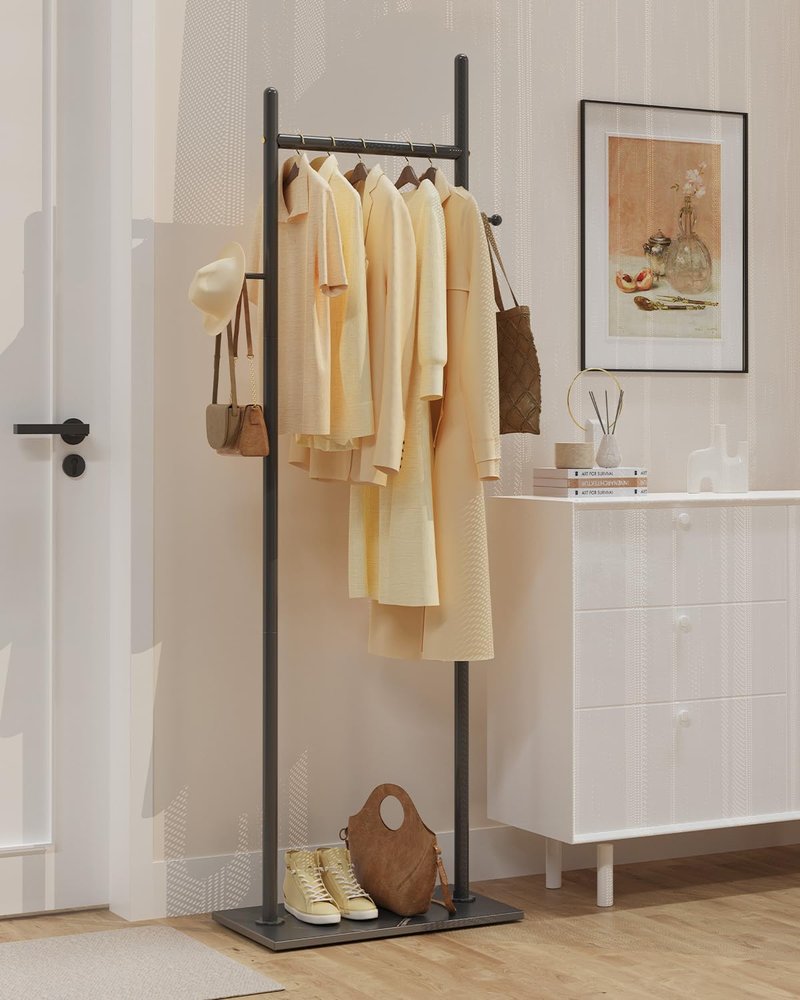 GUOHNHE Large Metal Coat Rack Freestanding, Modern Coat Hanger Stand with 2 Hooks and Heavy Rock Slab Base, Industrial Clothes Rack, Garment Rack, 19.7 x 11.8 x 68.9 In, Black, GYJ202MB