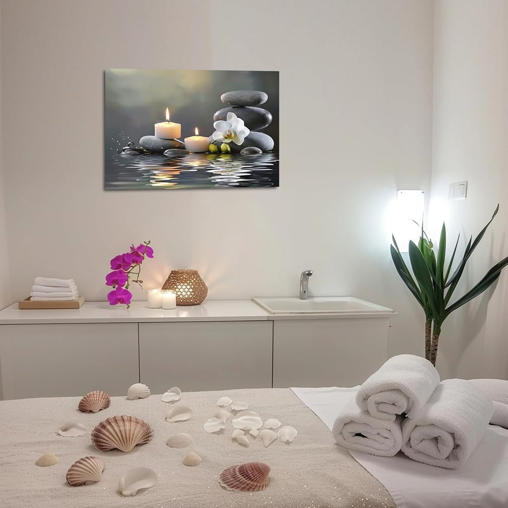 PBXBJY Orchid Flower Wall Art - Zen Stone Canvas Painting for Meditation | 12" x 18" White Decor