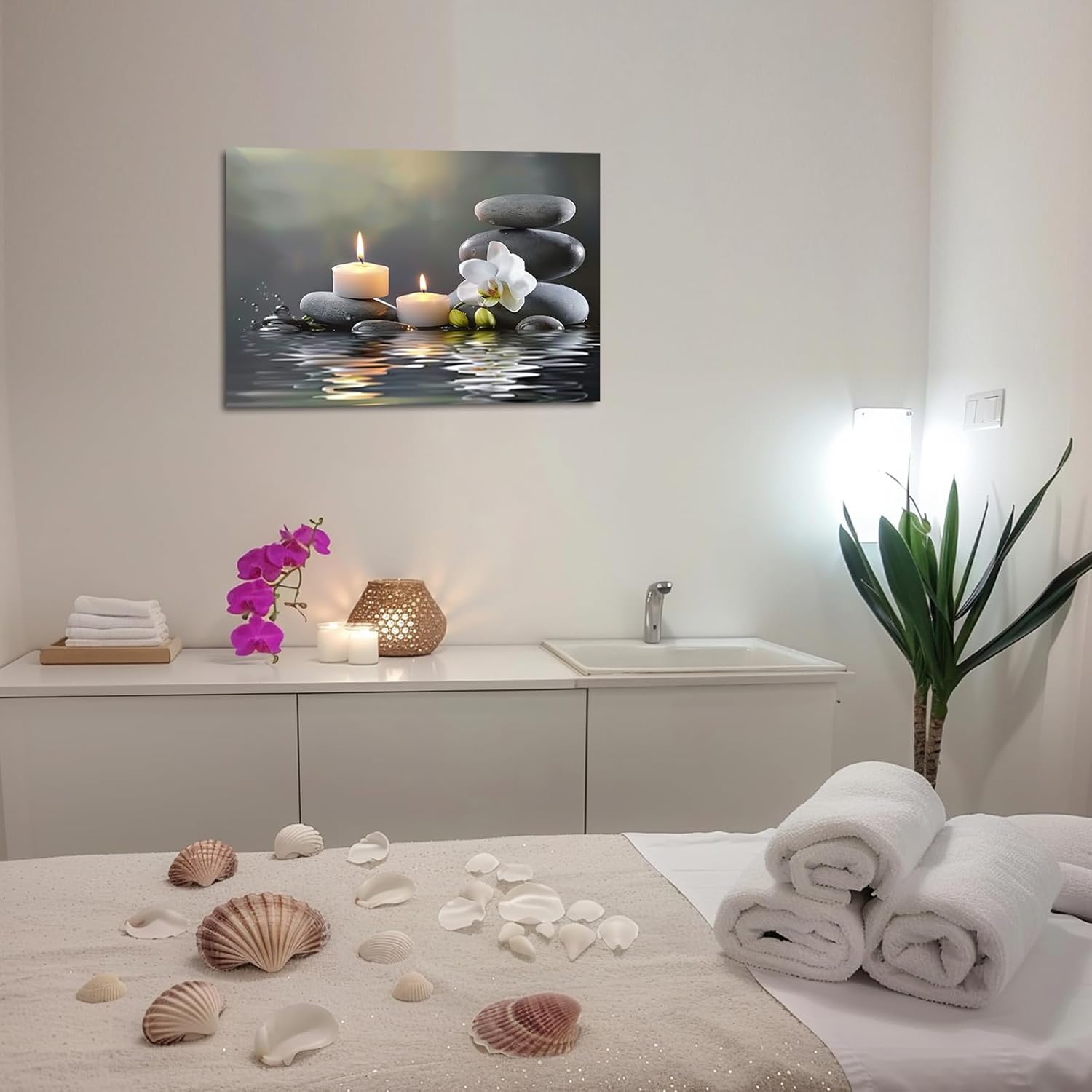 PBXBJY Orchid Flower Wall Art - Zen Stone Canvas Painting for Meditation | 12" x 18" White Decor