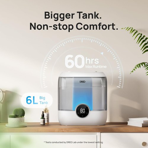 DREO 6L Top Fill Humidifier - 60H Quiet Cool Mist for Large Rooms | Perfect for Baby Nursery & Plants