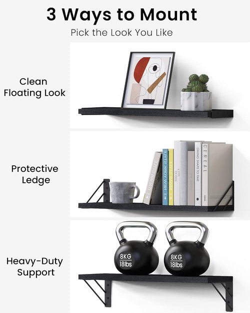 BAYKA Wall Mounted Floating Shelves - Space-Saving Wood Display & Organizer for Books | Black, Set of 4