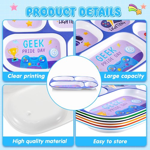 Hushee 6 Pcs 9.4 x 8.2 Inch Dinner Plate for Kids Girls Boys Cute Toddler Divided Plates Plastic Funny Serving Dishes for Construction Dinosaur Firefighter Farm Game Console Astronaut Animal