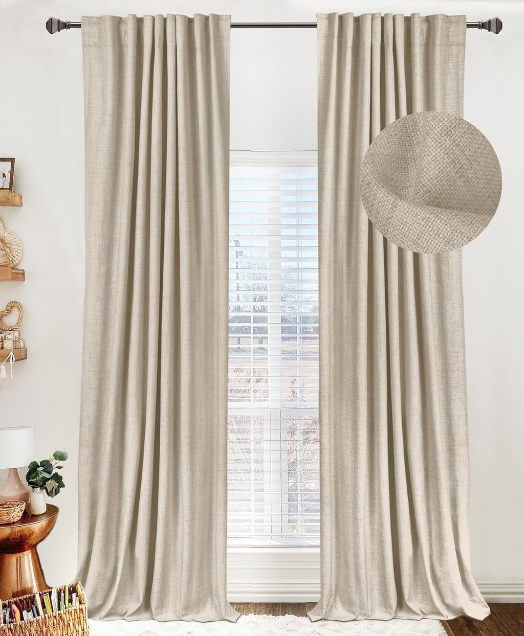 Skiennix 100% Blackout Linen Curtains - Thermal Insulated Drapes for Bedroom | 50" W x 90" L, Oatmeal