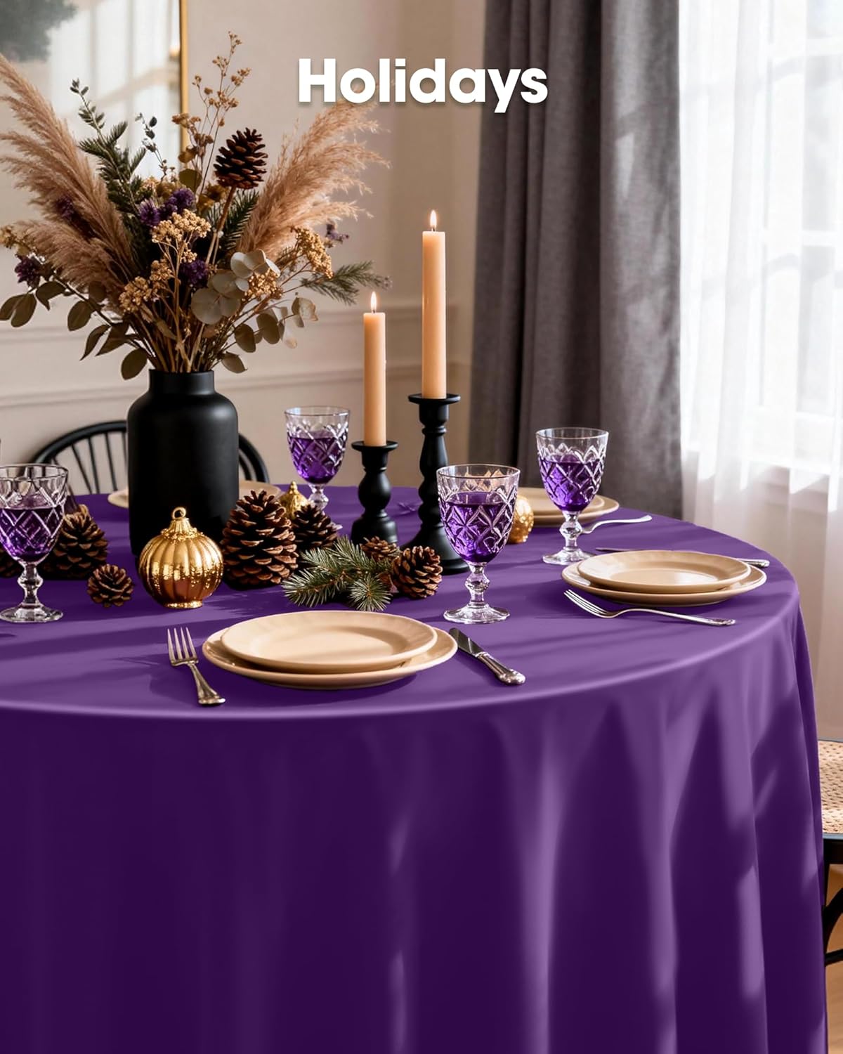 Pureegg Disposable Round Table Cloths - 84'' Leakproof & Sturdy, 8 Pack | Purple Graduation Decorations