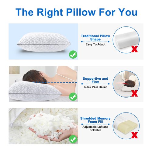 Cooling King Size Pillows Set of 2, Shredded Memory Foam Pillows, Adjustable Firm Bed Pillows Cool Cold Pillow for Hot Side Back Stomach Sleepers with Removable Washable Cover, 20" x 36", White