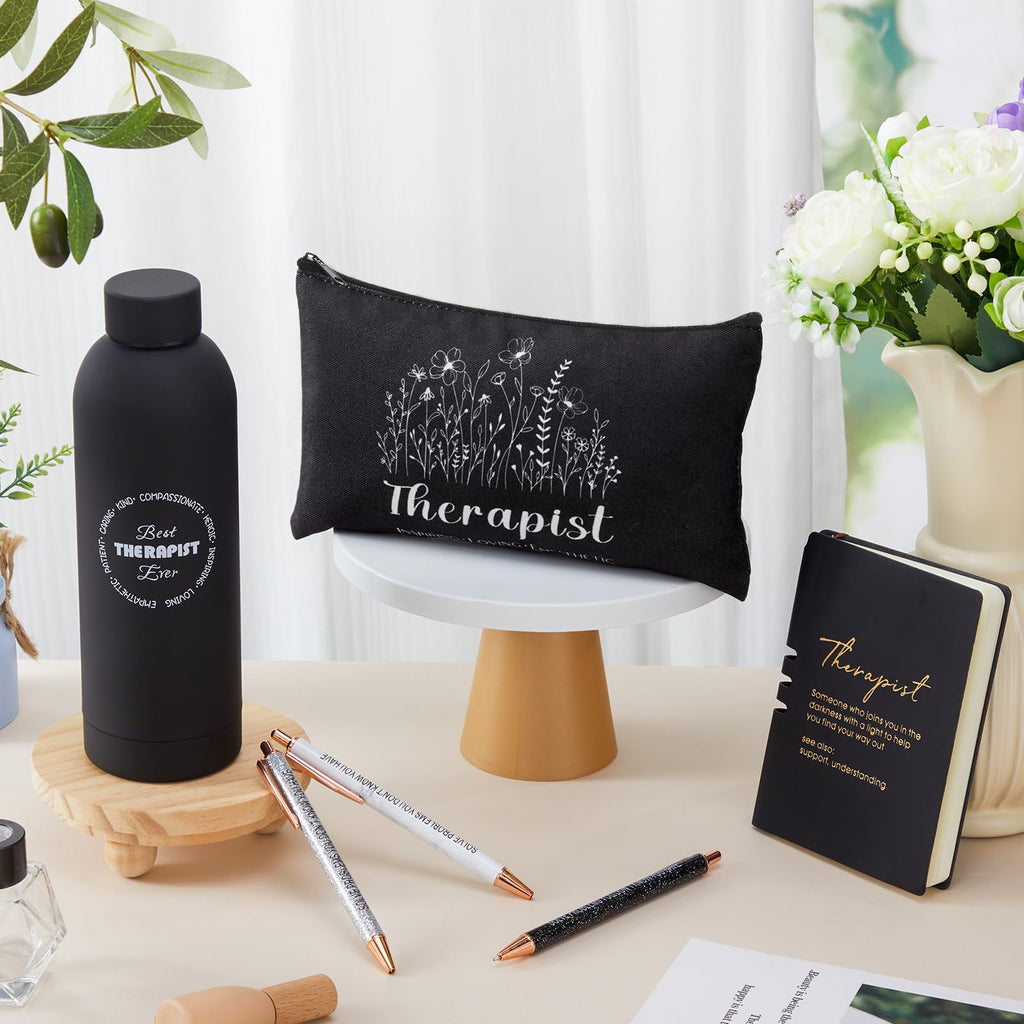 Marspark 6 Pcs Christmas Therapy Appreciation Gifts for Women, with Stainless Steel Water Bottle, Printed Bag, and Pen A5 Notebook Makeup Bag Set for Appreciation Gift Mental Healthy Psychology(black)