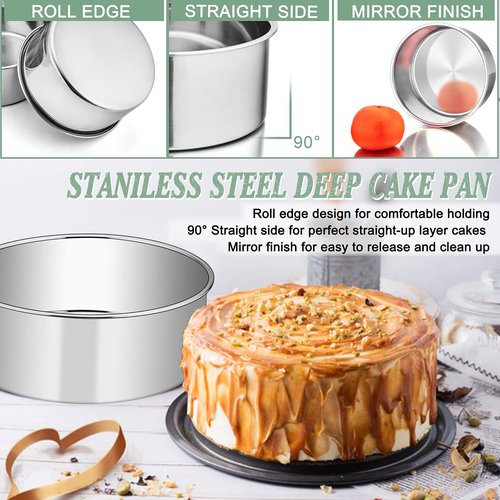 E-far 9½ x 3 Inch Round Cake Pans, Stainless Steel Deep Cake Baking Pan Tin for Birthday Wedding Party Chiffon Cheesecake, Healthy & Non-Toxic, Straight Side & Dishwasher Safe - Set of 2