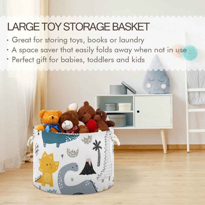 SUABO Cute Dinosaur Toy Storage Basket, Green, Dinosaur Pattern, Portable, Foldable, 20 X 14 IN., 4 Gallon Capacity
