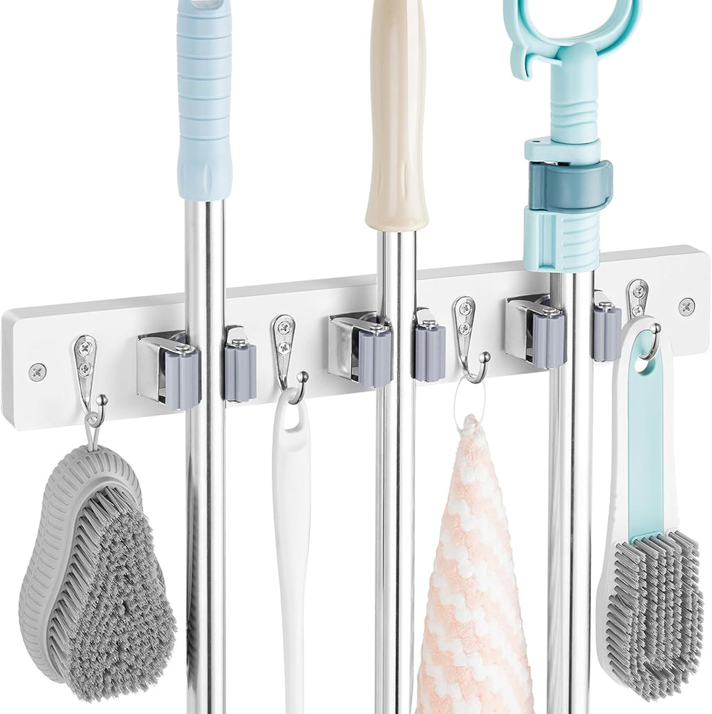 OUTNILI Wall-Mounted Mop Broom Holder - 3 Slots & 4 Hooks for Kitchen & Garden Organization