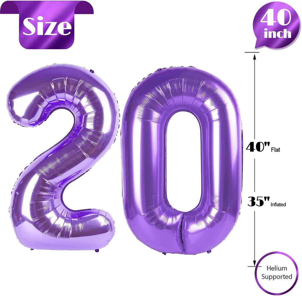 Purple Number 20 Balloon - 40 Inch 20th Birthday Decorations for Girls & Boys Party Supplies