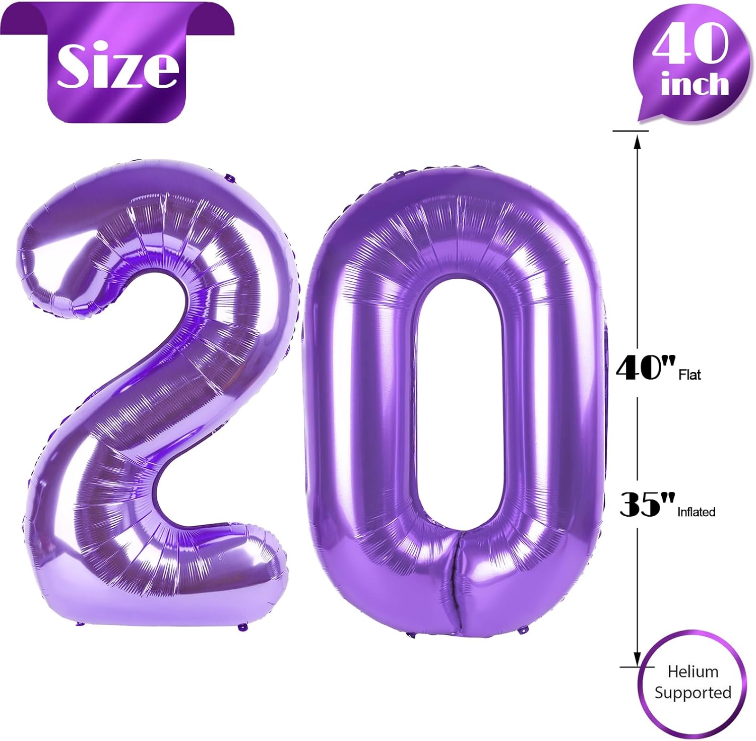 Purple Number 20 Balloon - 40 Inch 20th Birthday Decorations for Girls & Boys Party Supplies