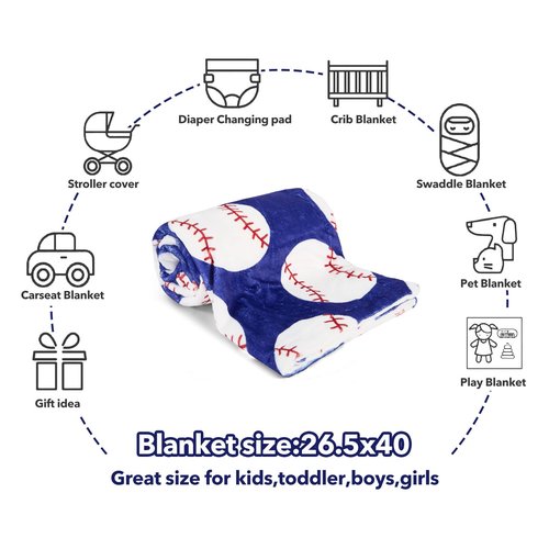 Baseball Baby Blanket for Boys Girls Soft Fleece Minky Blanket with Dotted Backing Double Layer Newborn Toddler Blankie for Nursery Stroller Crib Gift to Son Nephew Grandson 26.5 * 40 Inches