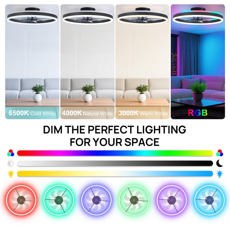 ORITHAM RGB Ceiling Fans with Lights, 16" Fandelier Low Profile Ceiling Fan with Light, Modern Flush Mount Ceiling Fan Light with Remote/APP Control, Bedroom Chandelier Fan Fixture for Indoor(Black)