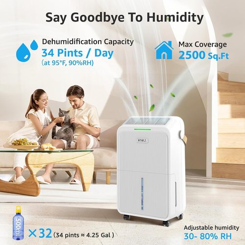 KNKA Dehumidifier - 2500 Sq.Ft Capacity with Drain Hose & Intelligent Humidity Control | 34 Pints, Three Modes