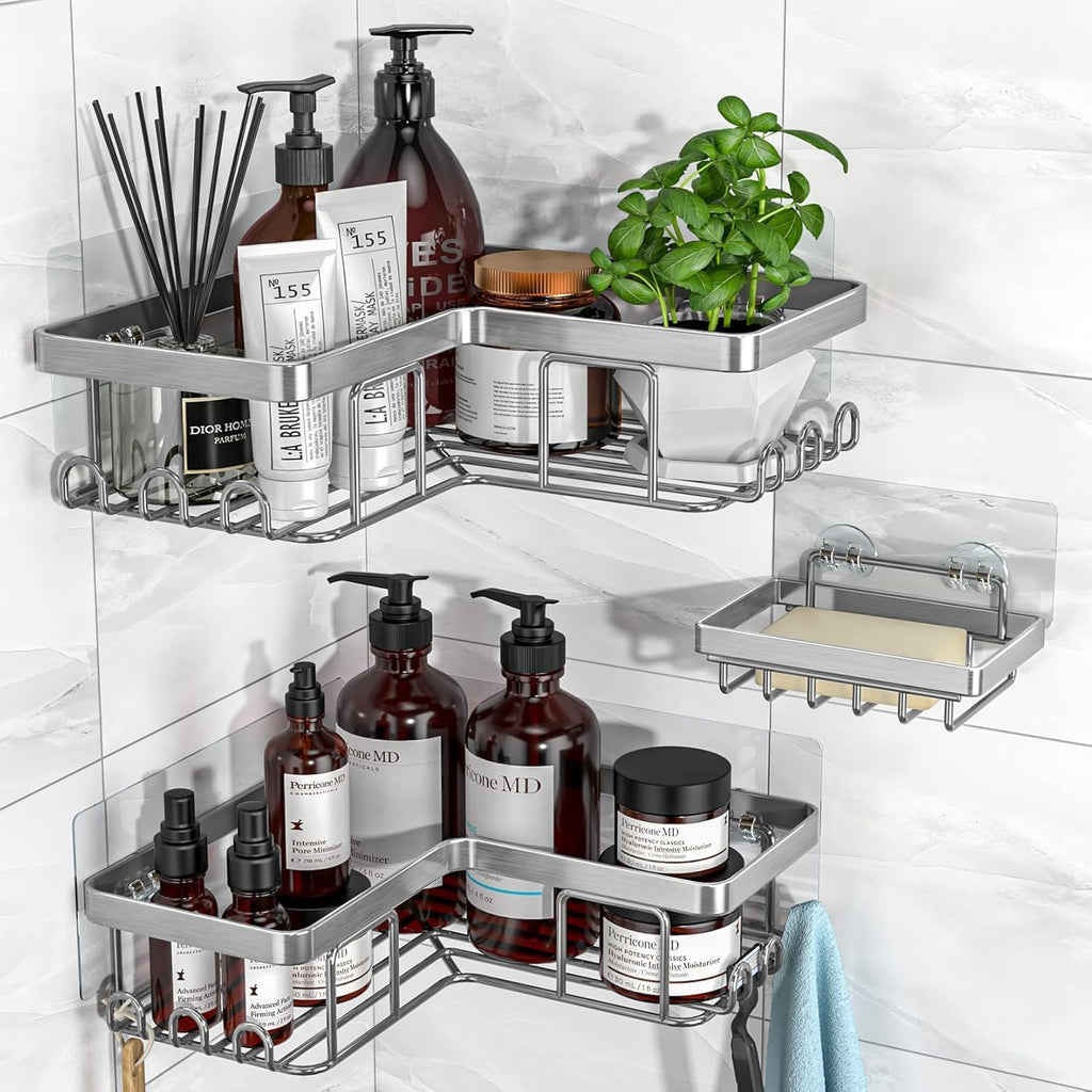YASONIC Corner Shower Caddy - Rustproof Stainless Steel Bathroom Organizer | No Drilling, 3-Pack, Brushed Silver