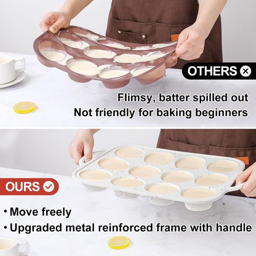 CAKETIME Silicone Muffin Pans - Nonstick 12-Cup & Mini 24-Cup Set with Metal Reinforced Frame for Easy Baking