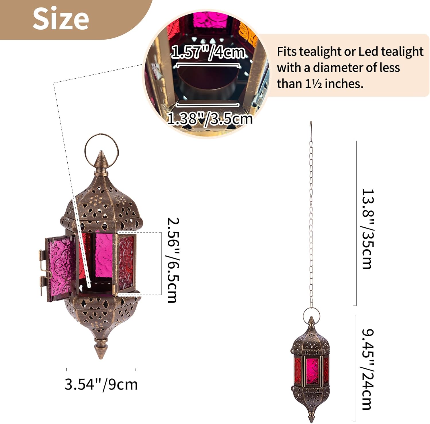 Skiennix Hanging Hexagon Candle Lantern - Handmade Moroccan Tea Light Holder in Brown Metal & Colorful Glass