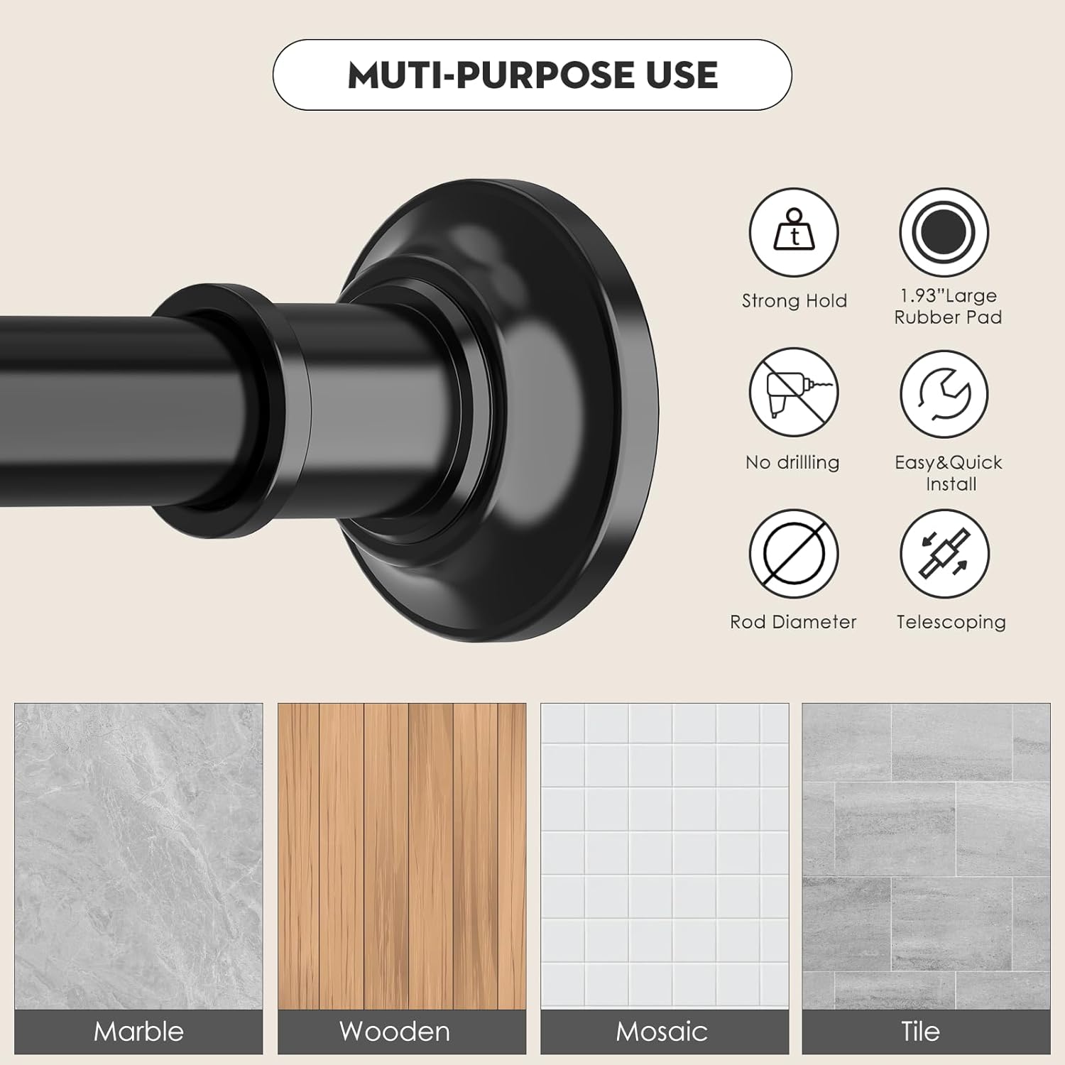 Skiennix Adjustable Tension Shower Curtain Rod - Heavy Duty, No Drill, 30 to 120 Inch, Black