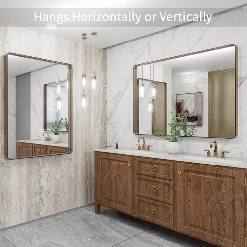 LOAAO Bronze Bathroom Mirror - 40”X32” Rounded Rectangle with Anti-Rust Brushed Metal Frame | Versatile Hanging Options