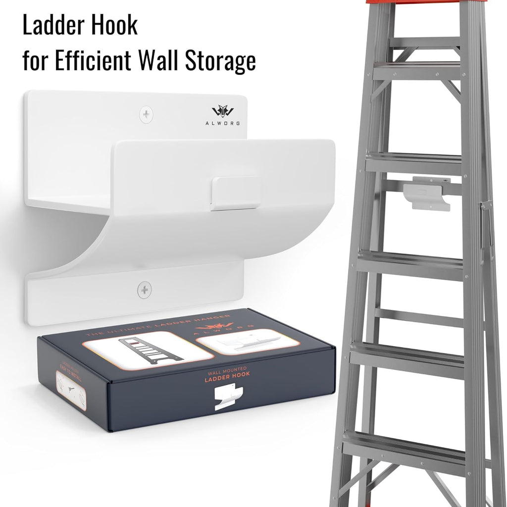 White Ladder Hooks - Wall-Mounted Step Ladder Holder for Garage | Space-Saving Design