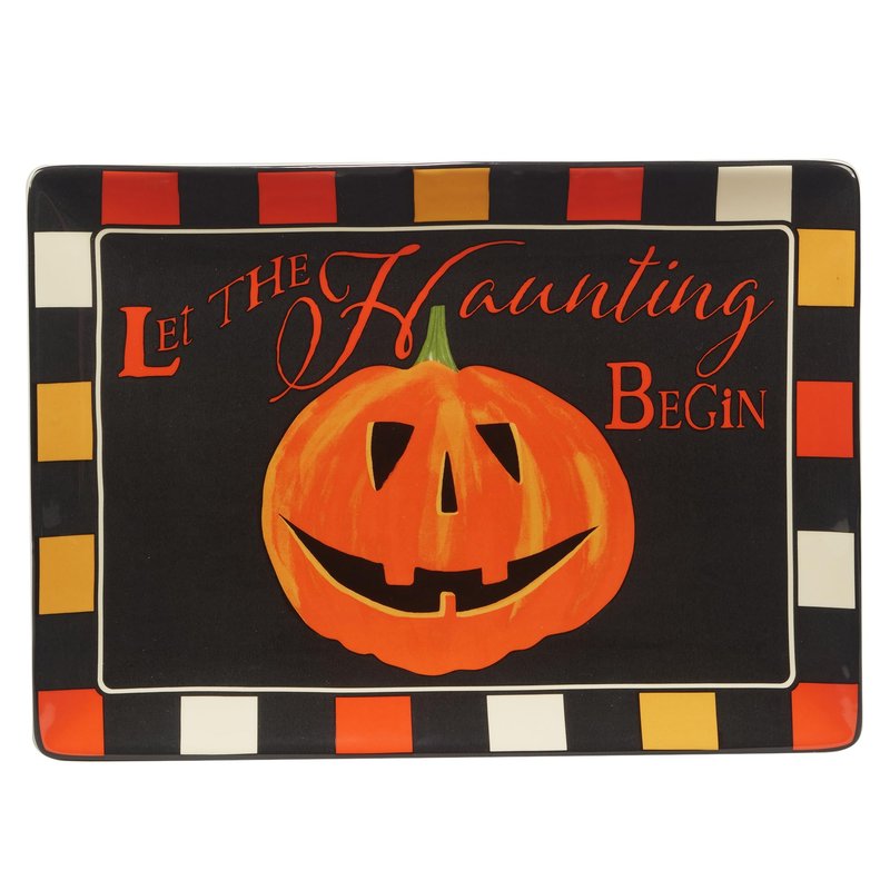 Spooky Halloween Rectangular Platter – 14" x 10" Ceramic Jack-O'-Lantern Tray with 'Let the Haunting Begin' Message – Halloween Party Serveware for Treats, Appetizers & Festive Displays