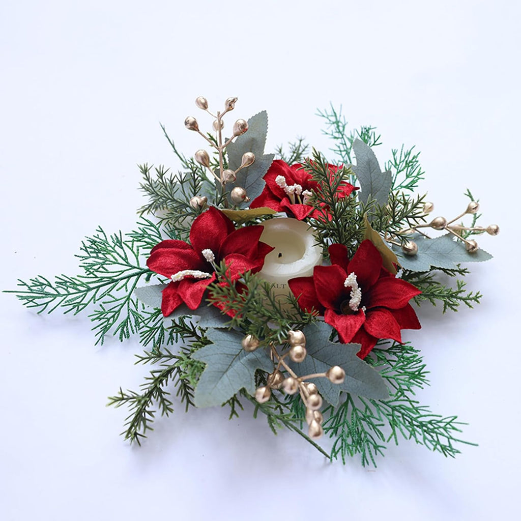 Regine Switzerland Christmas Candle Rings - Festive Pine Needles & Berry Red Flowers | Winter Table Centerpiece Decor