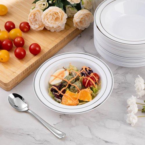 Goodluck 25 Pack Plastic Bowls with Silver Rim, 12oz Disposable Soup Bowls for Weddings, Parties, Dinners, Catering, and Everyday Use
